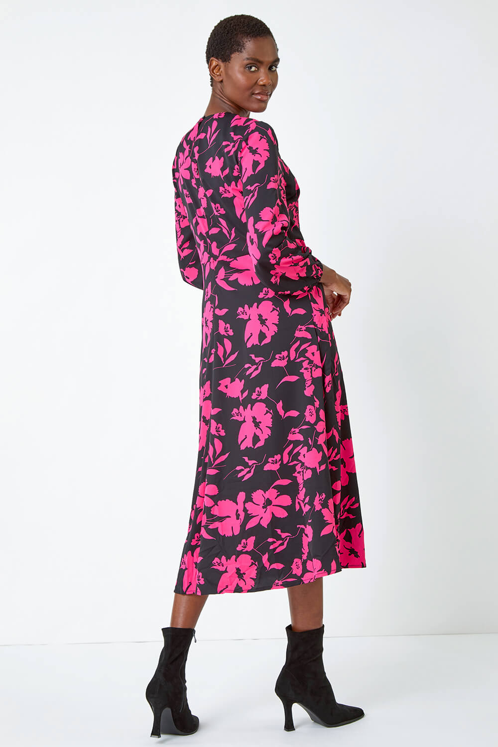 Fuchsia Floral Contrast Print Midi Dress, Image 3 of 5