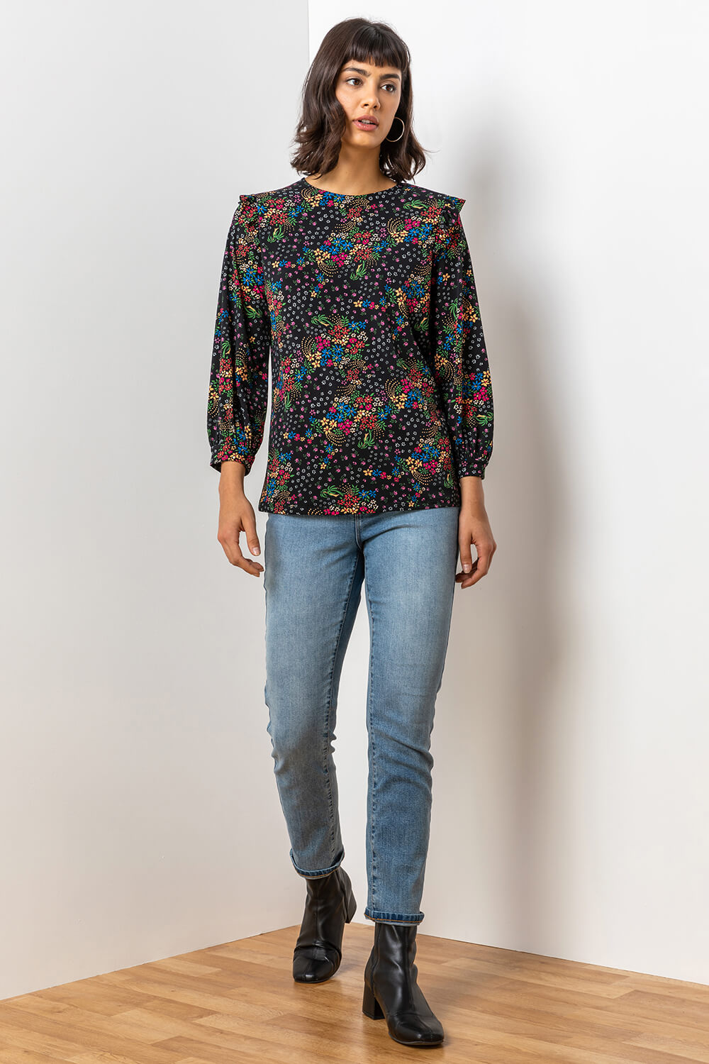 Black Floral Print Frill Detail Top, Image 3 of 4