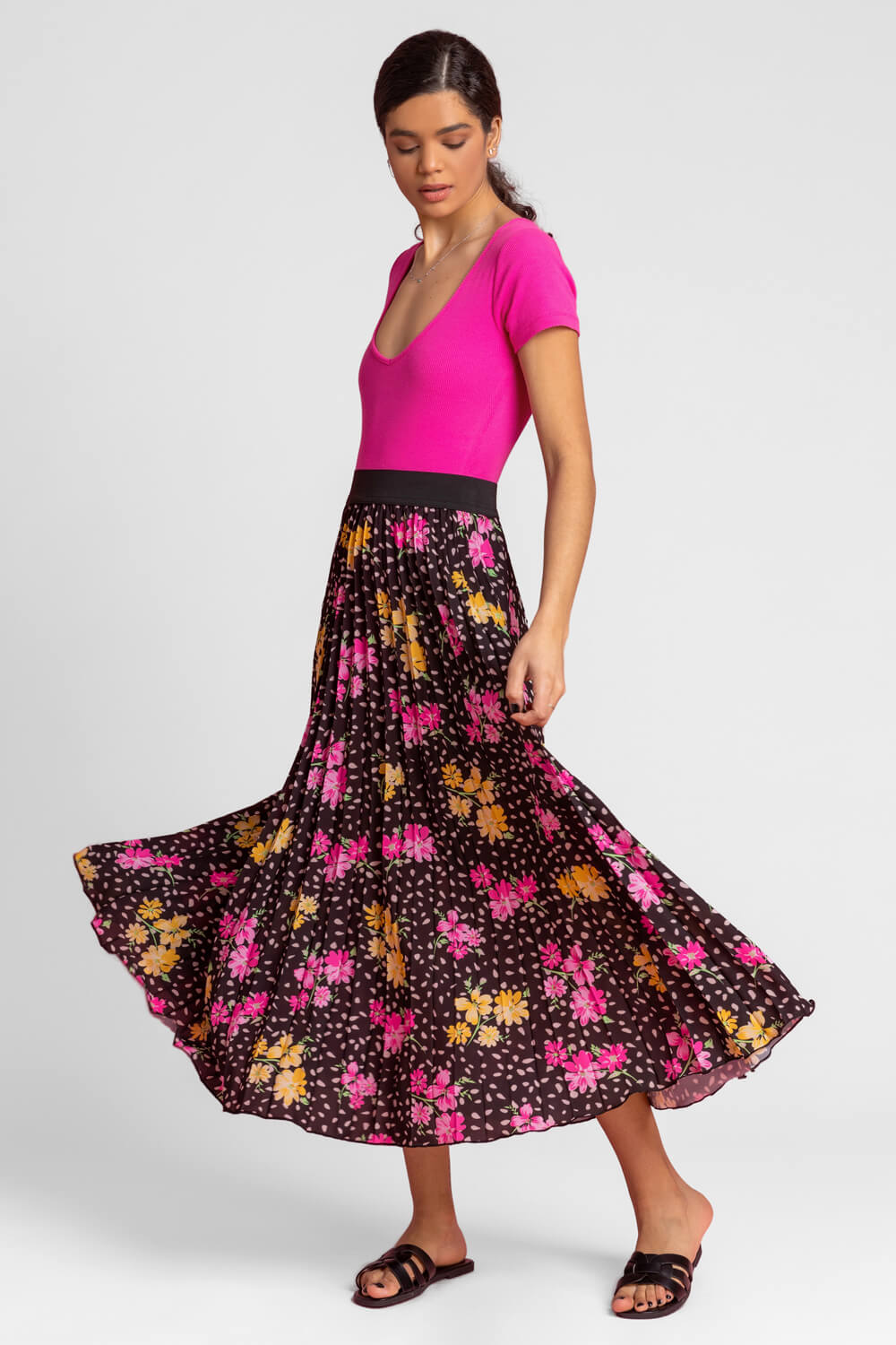 Black Floral Spot Print Pleated Maxi Skirt, Image 4 of 4