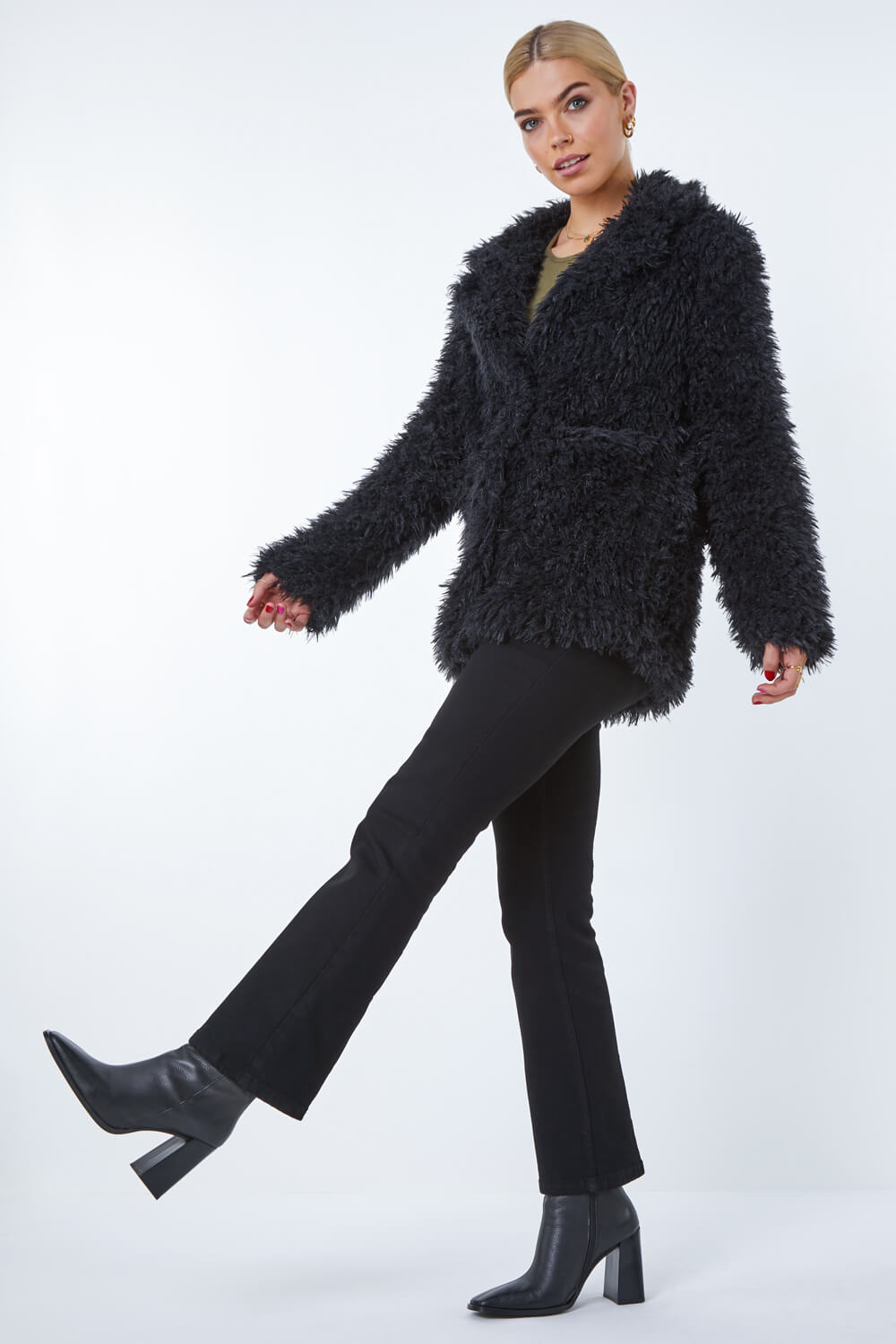 Black Fluffy Textured Coat | Roman UK