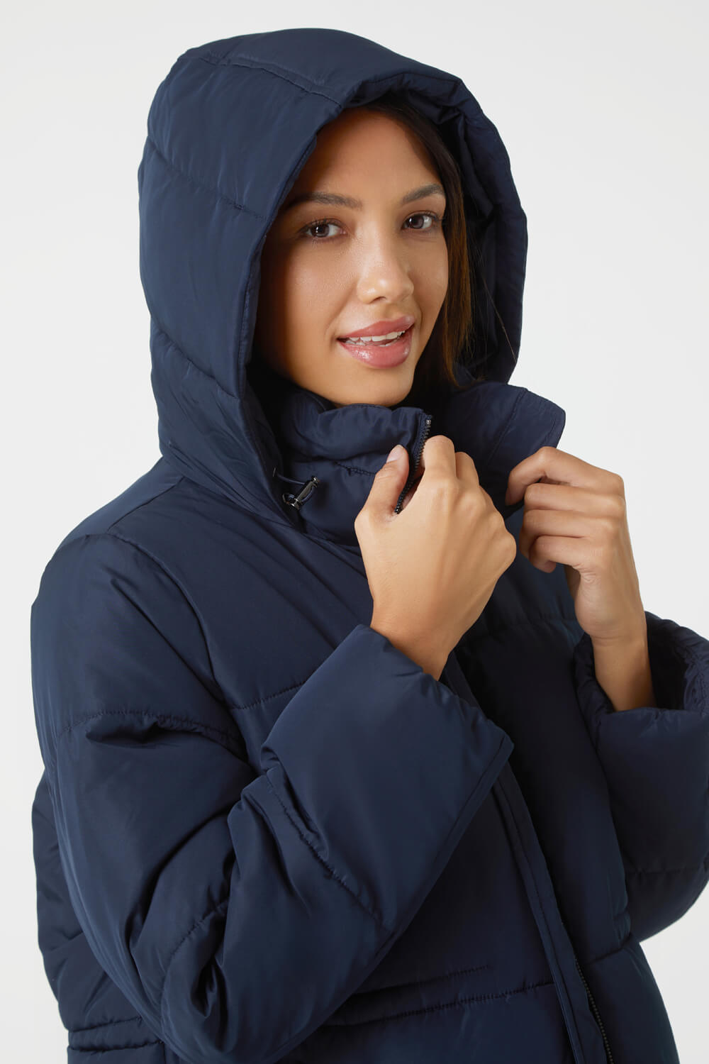 Navy  Padded Hooded Mid Length Coat, Image 5 of 6