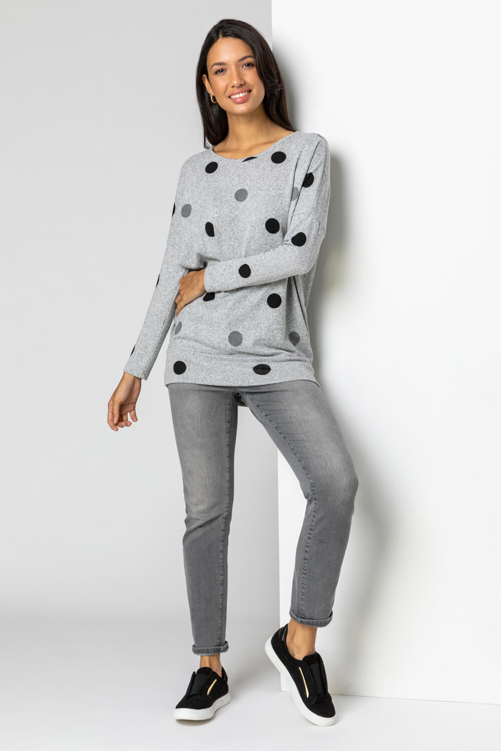 Grey Polka Dot Blouson Long Sleeve Jersey Top , Image 3 of 4