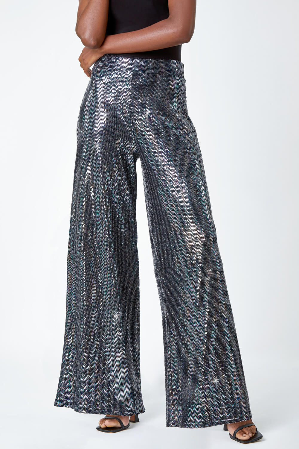Silver Wide Leg Sequin Stretch Trousers, Image 5 of 7