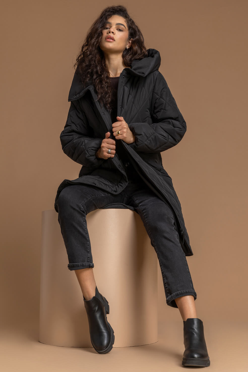 Black Hooded Longline Quilted Coat, Image 5 of 5