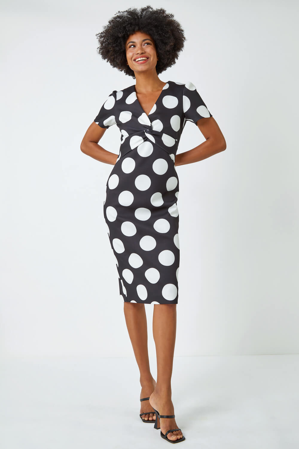 Black Polka Dot Premium Stretch Midi Twist Dress, Image 2 of 5
