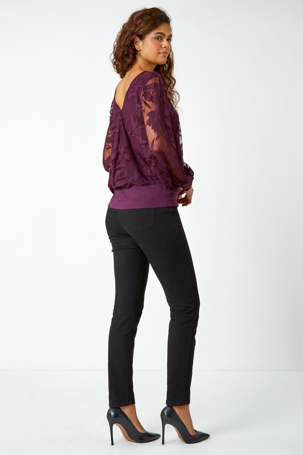 Plum Textured Floral Blouson Stretch Top, Image 3 of 5