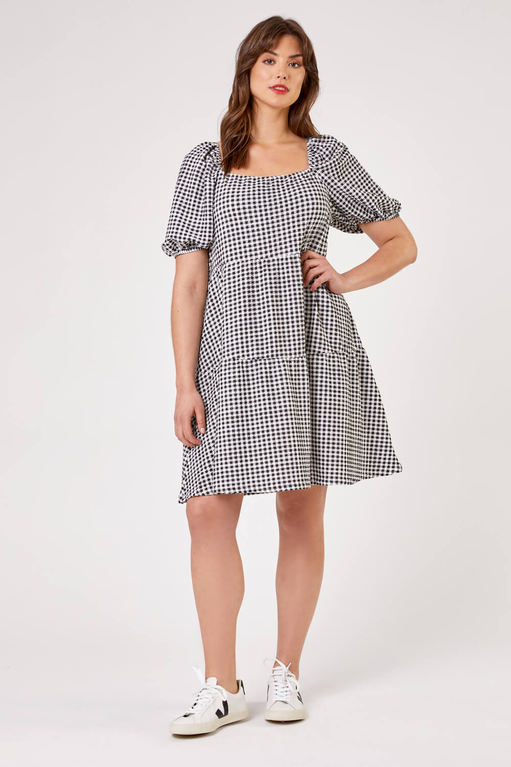 Black Curve Gingham Print Tiered Dress, Image 3 of 5