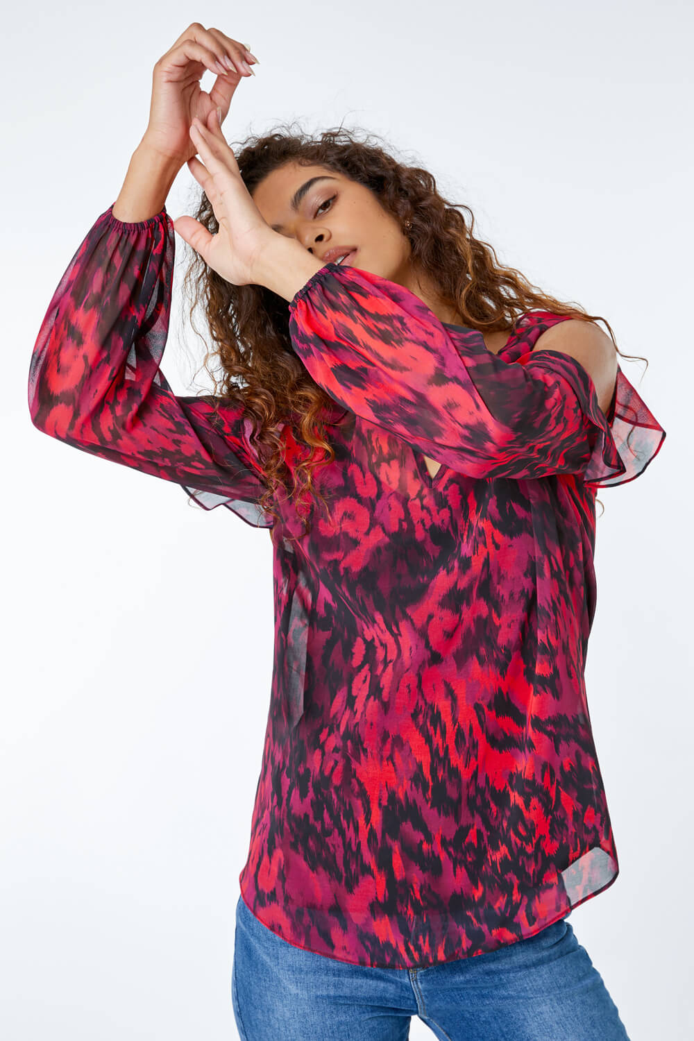 Red Animal Cold Shoulder Frill Top, Image 2 of 5