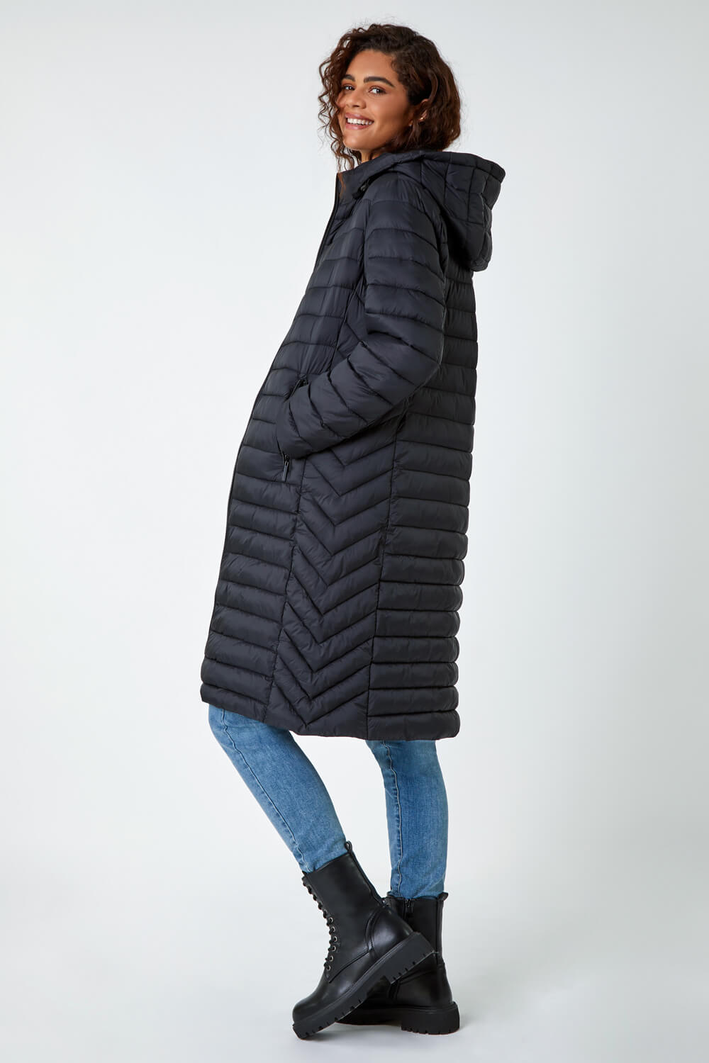 Black Longline Hooded Padded Coat, Image 3 of 5