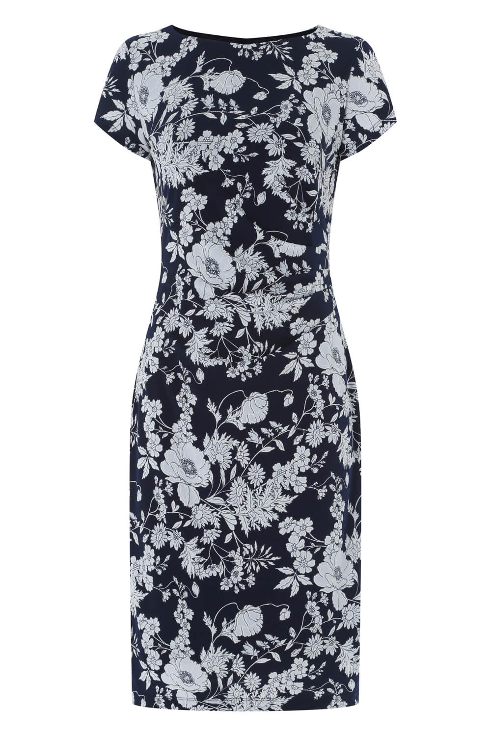 Navy  Floral Print Side Ruched Dress, Image 6 of 6