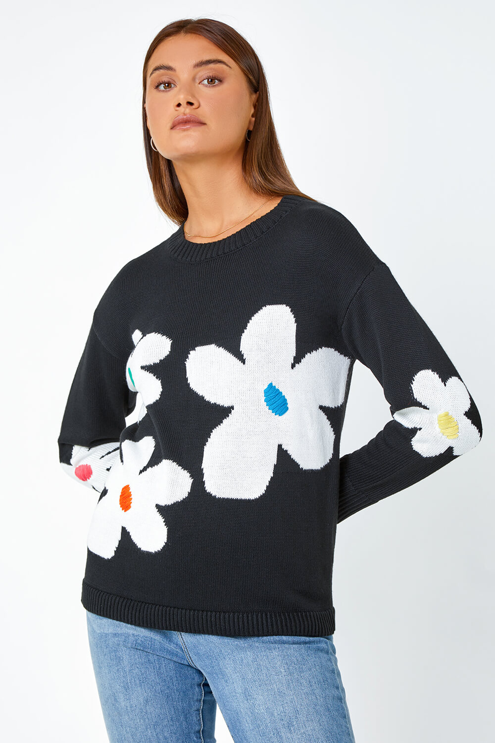 Black Floral Print Wool Blend Jumper | Roman UK