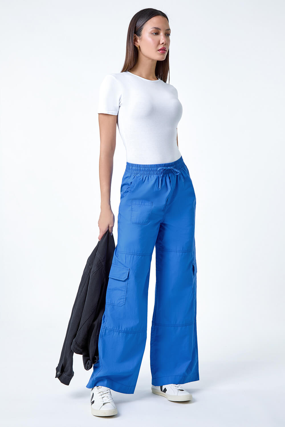 Royal Blue Cotton Wide Leg Cargo Trousers, Image 2 of 5