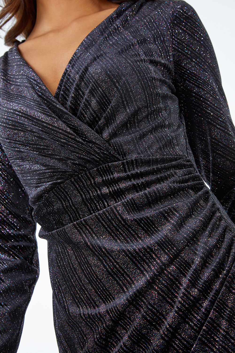 Black Velvet Shimmer Ruched Detail Dress, Image 5 of 5