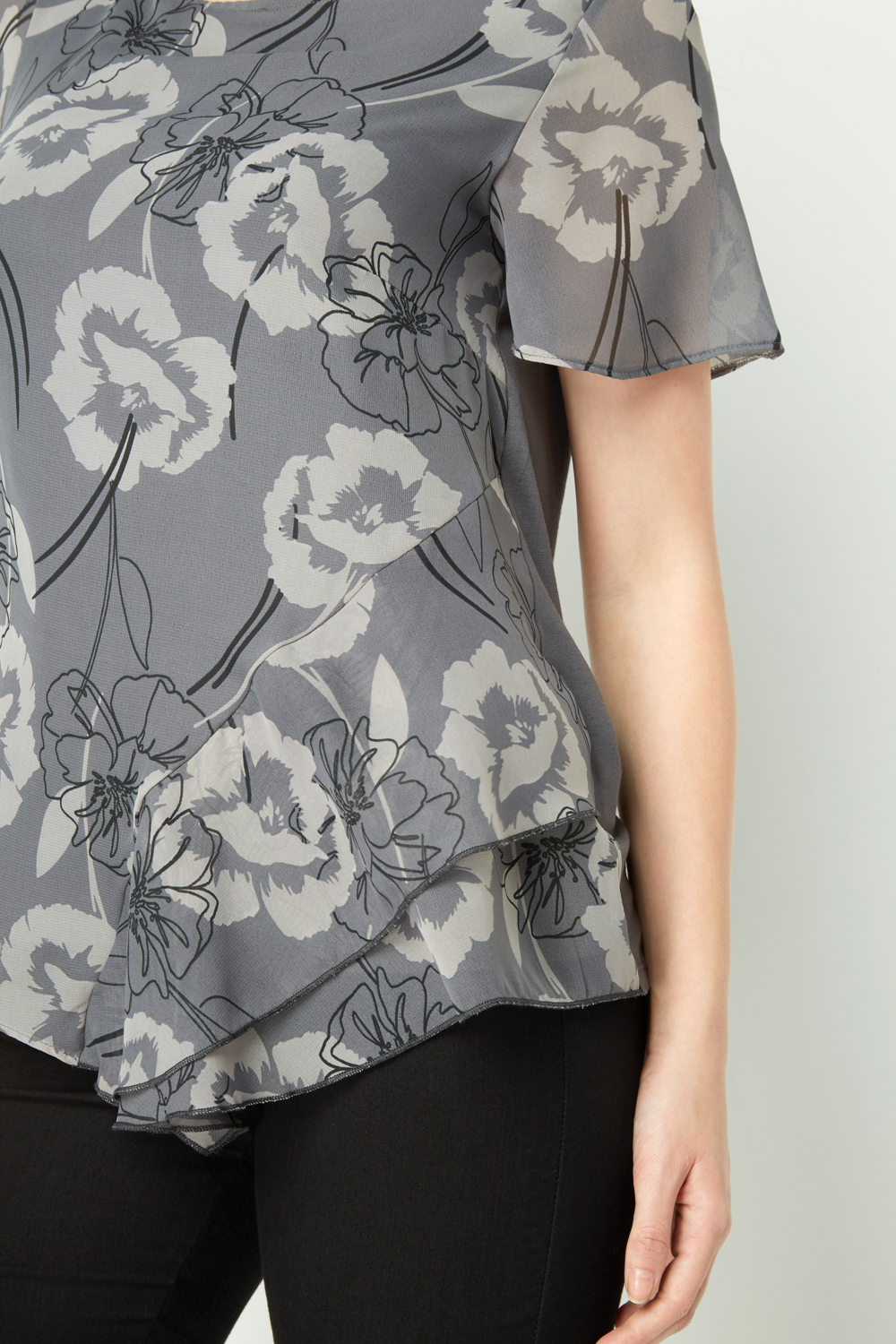 Grey Floral Asymmetric Ruffle Top, Image 3 of 4
