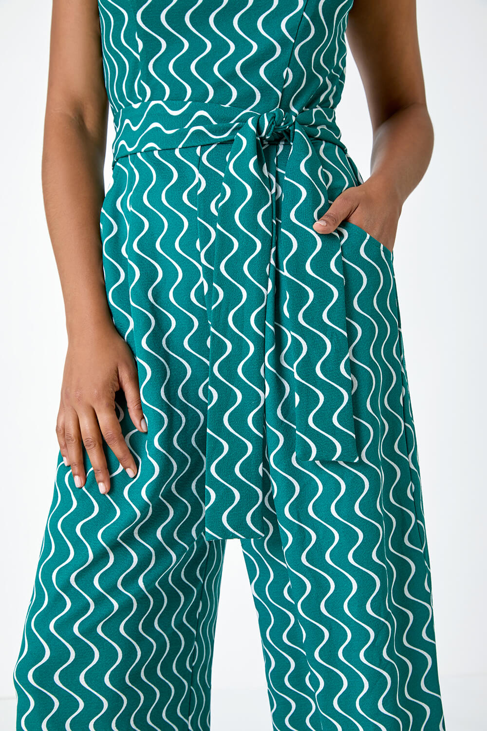 Forest  Belted Wave Print Cropped Jumpsuit, Image 4 of 5