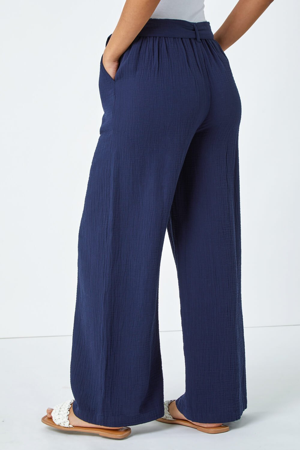 Navy  Textured Cotton Wide Leg Trousers, Image 3 of 5