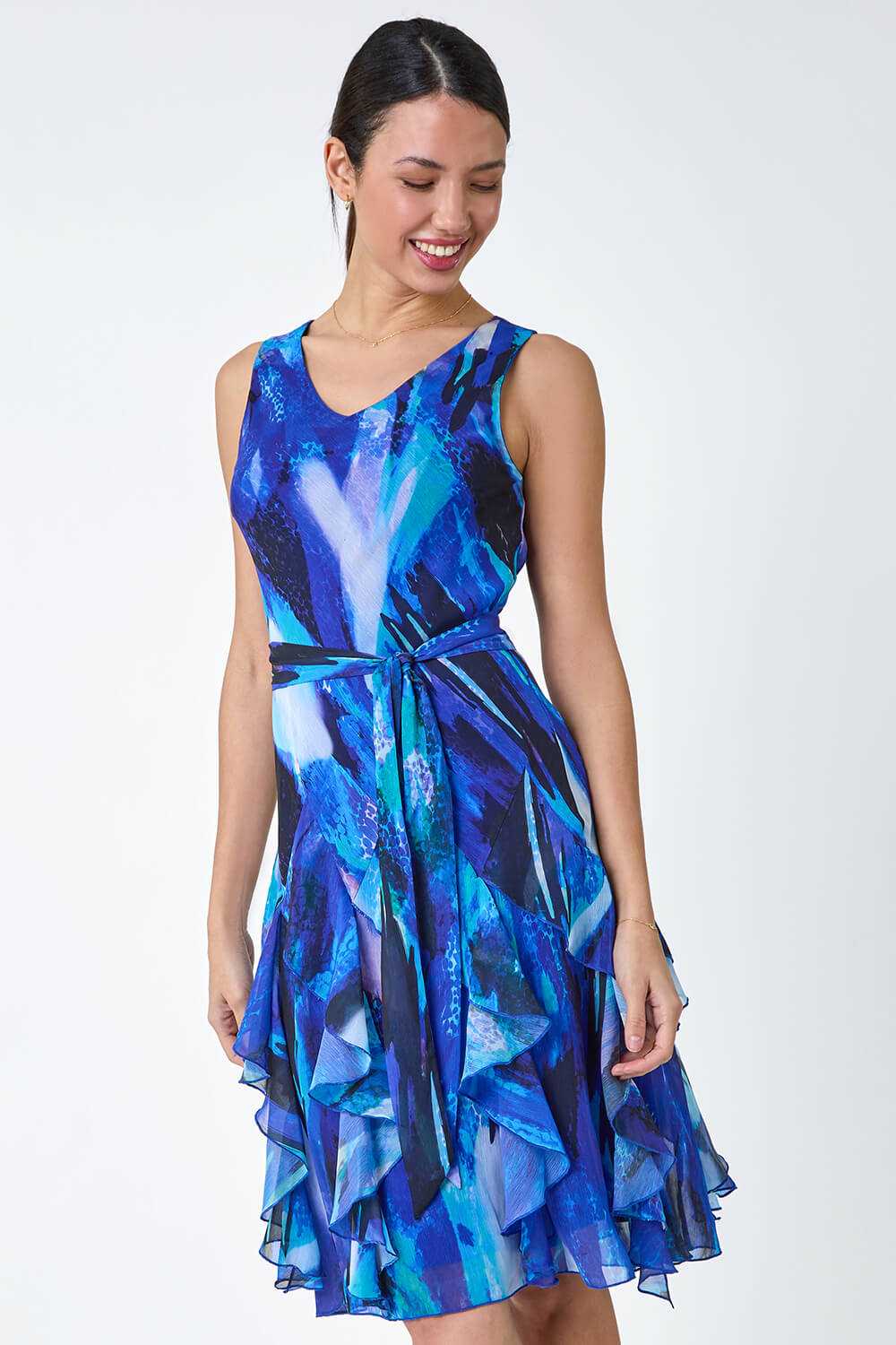 Blue Abstract Print Frill Detail Dress, Image 2 of 5