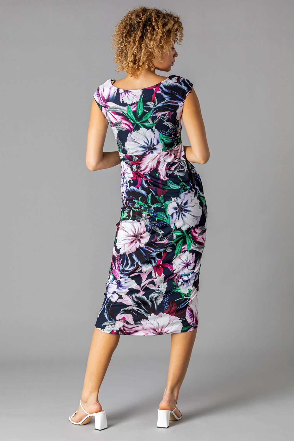 Navy  Floral Print Ruched Wrap Dress, Image 3 of 4