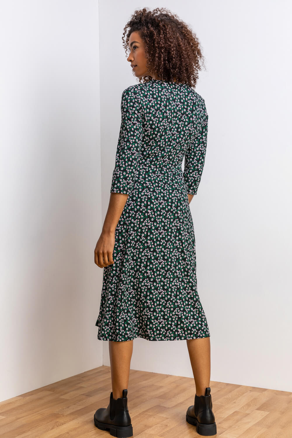 Green Ditsy Floral Print Wrap Dress, Image 2 of 5