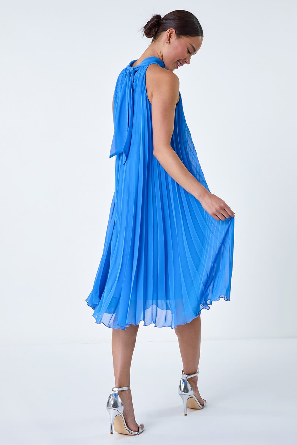 Blue Petite Halter Neck Pleated Dress, Image 3 of 5
