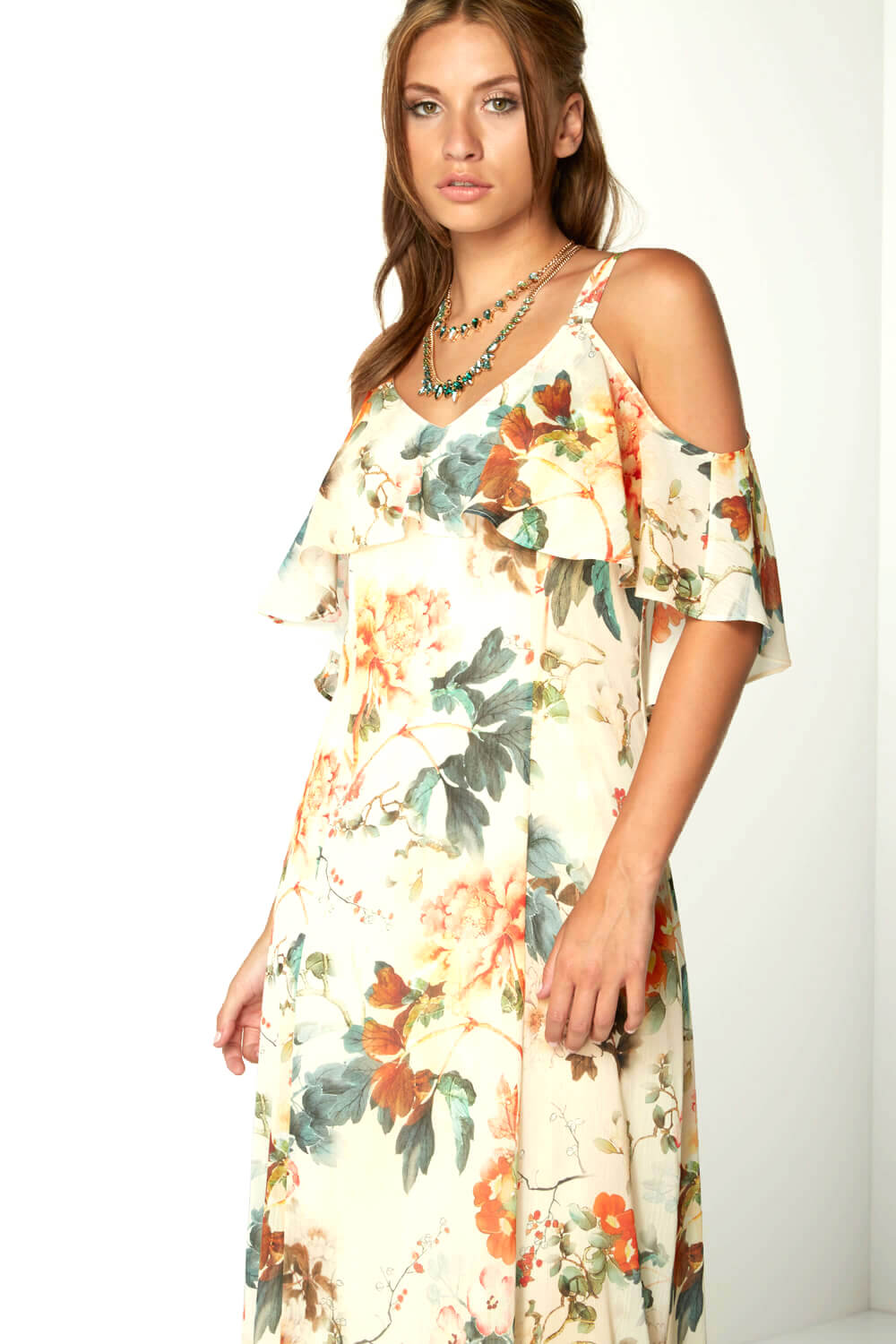 ORANGE Oriental Cold Shoulder Chiffon Maxi Dress, Image 3 of 5