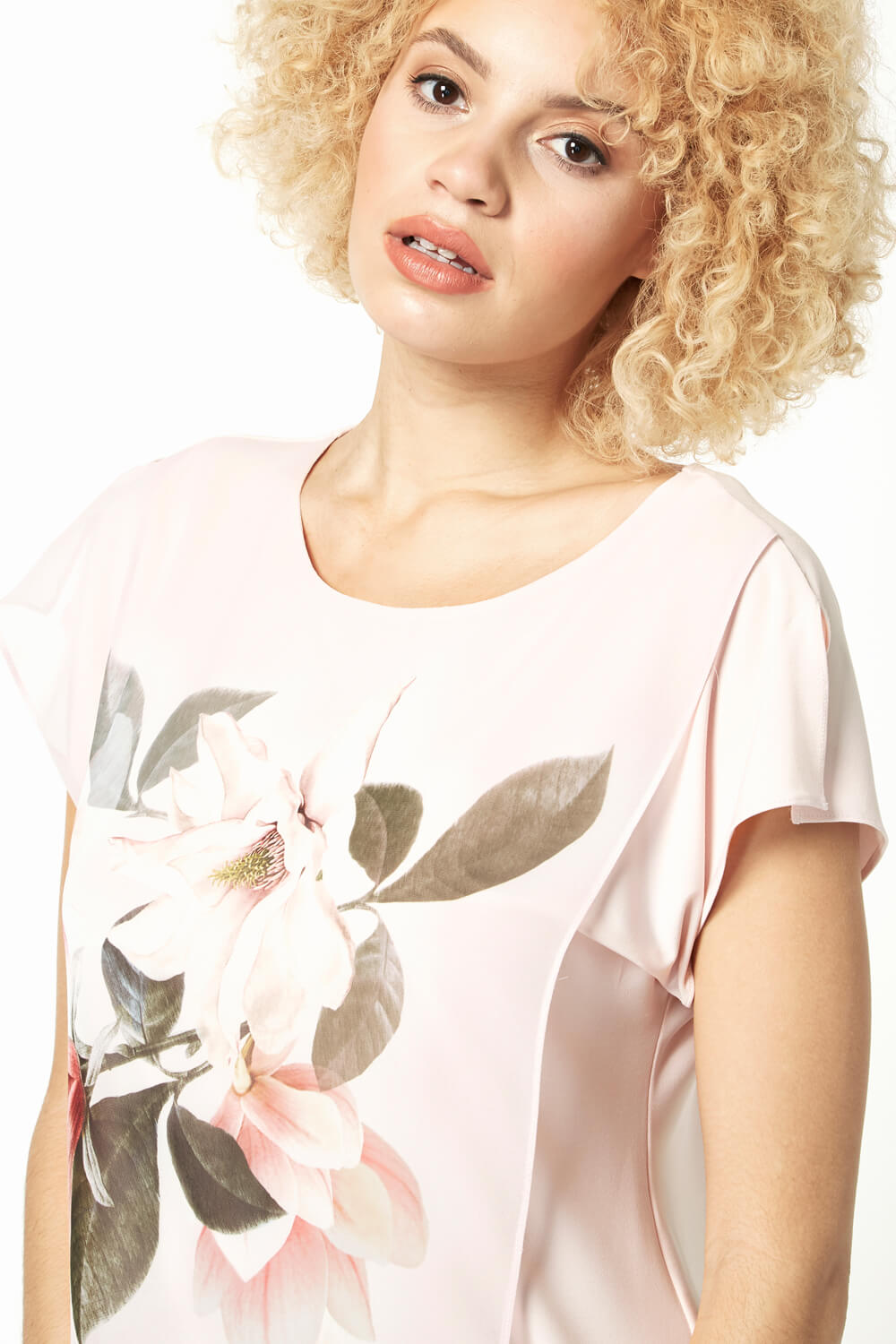 PINK Asymmetric Chiffon Overlay Floral Top, Image 4 of 5
