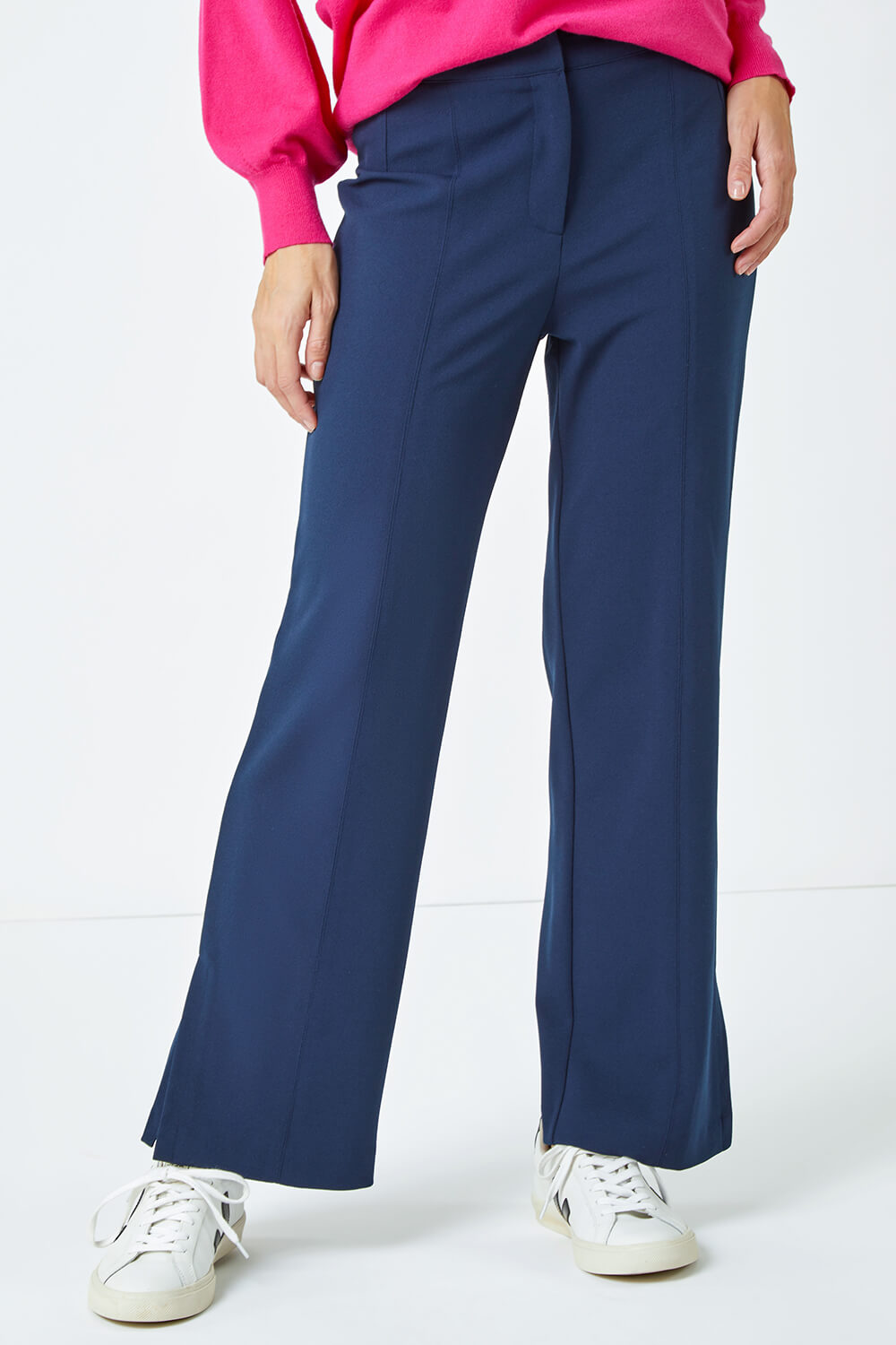 Navy  Side Split Straight Stretch Trousers, Image 4 of 5
