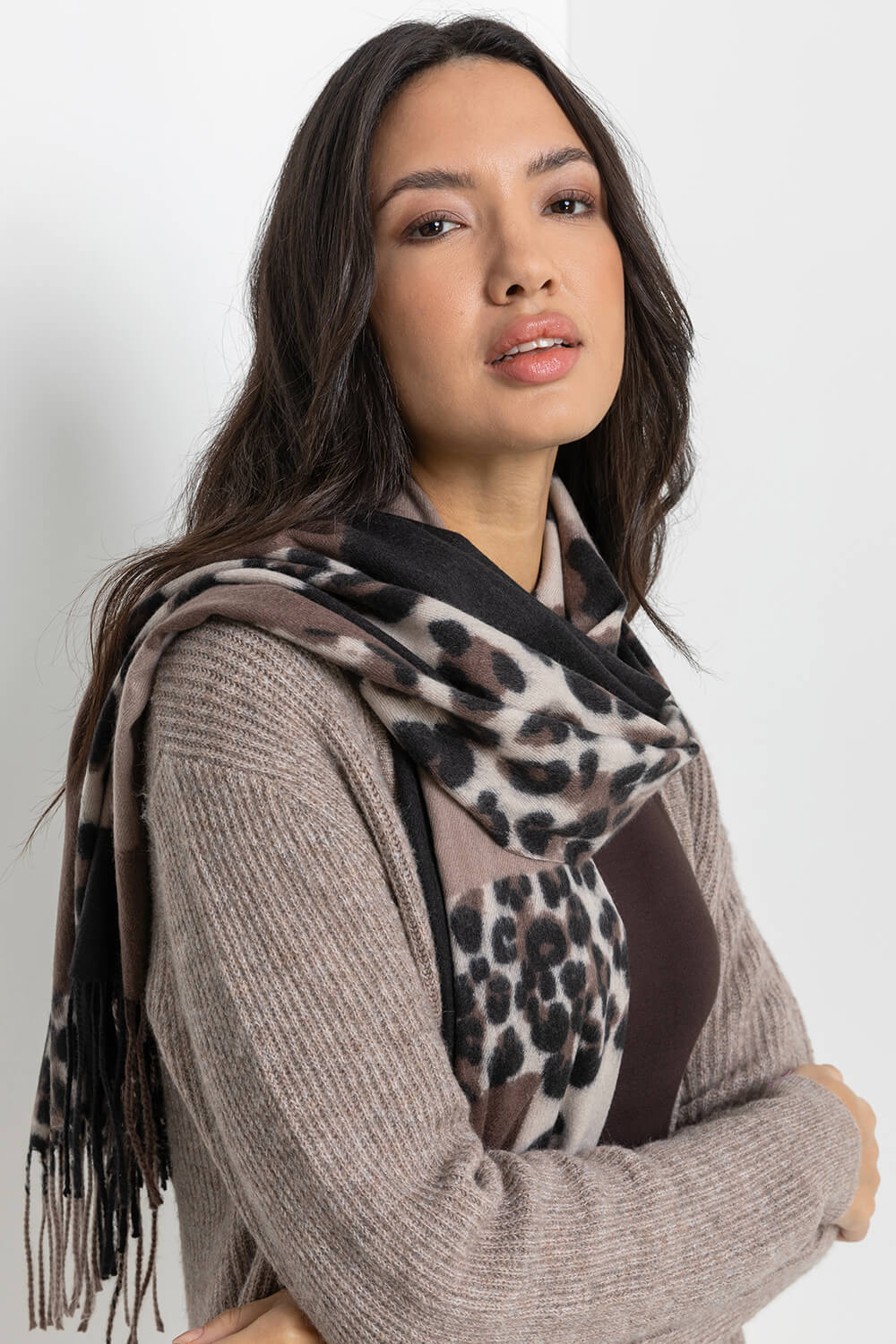 Taupe Colour Block Animal Print Scarf, Image 2 of 4