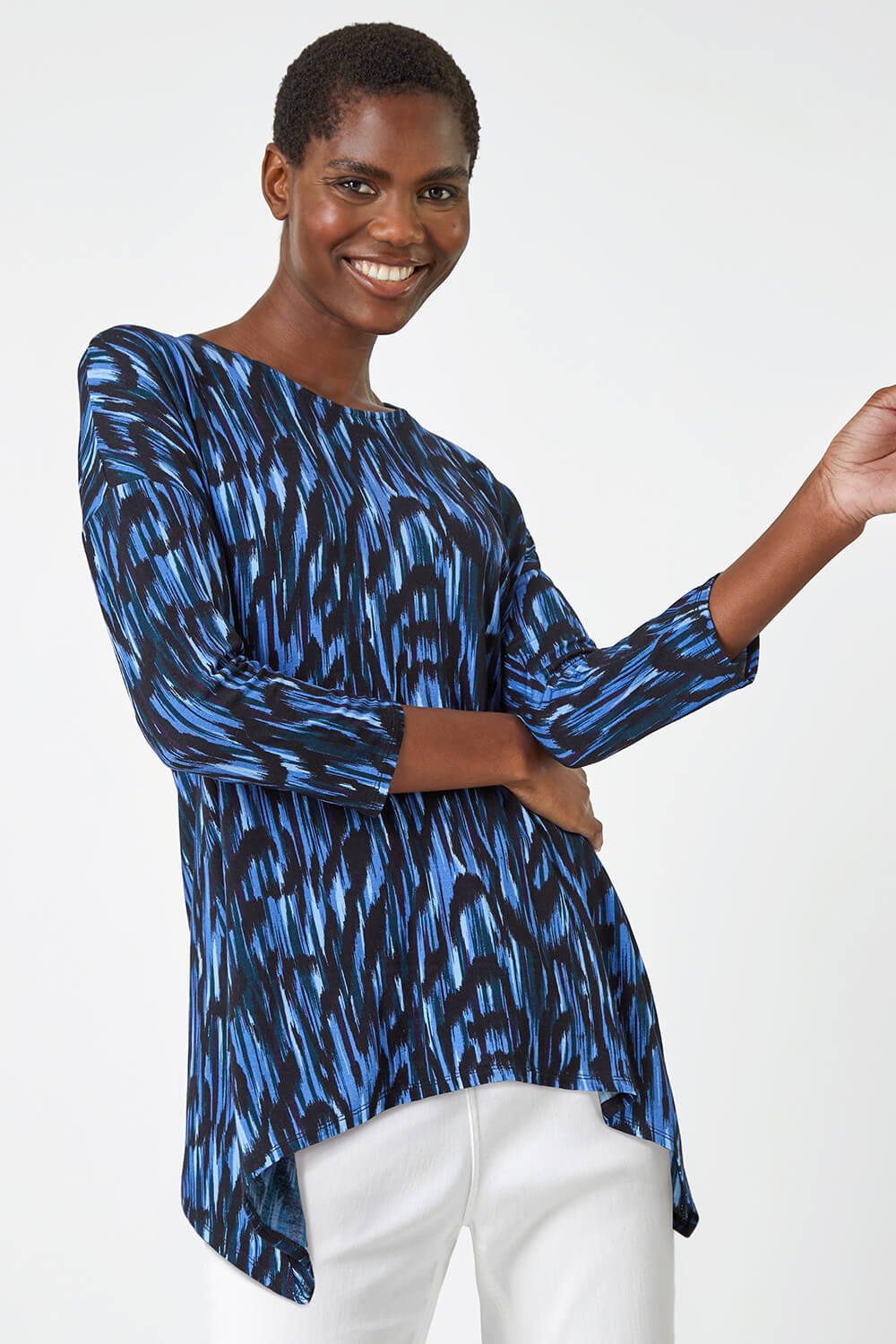 Blue Abstract Print Tie Back Stretch Top , Image 2 of 5