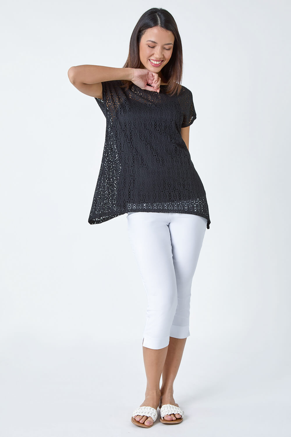 Black Crochet Overlay Stretch Top, Image 2 of 5