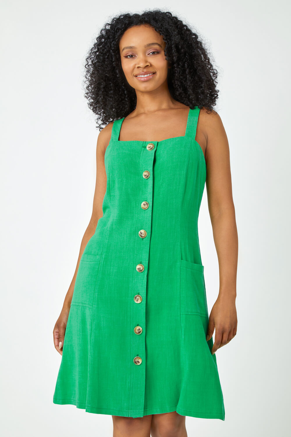 Green Petite Button Front Pocket Dress, Image 4 of 5
