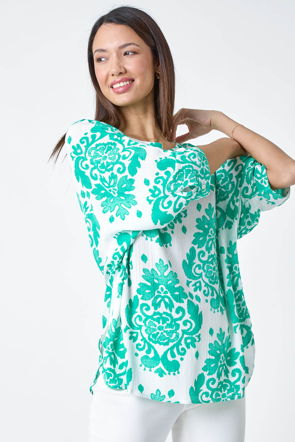 Green Textured Paisley Print Tunic Top, Image 4 of 5