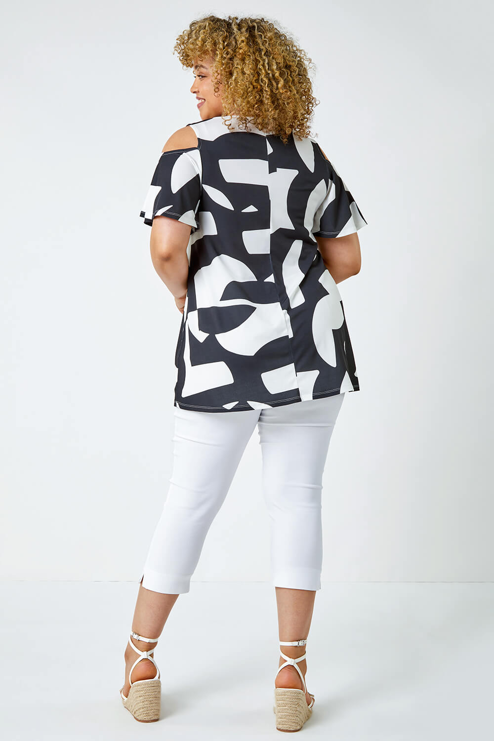 Black Curve Abstract Cold Shoulder Stretch Top, Image 3 of 5
