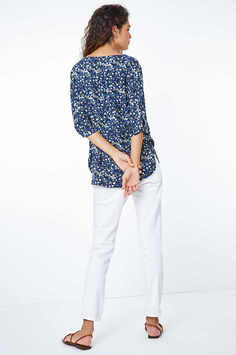 Navy  Ditsy Floral Print Tunic Top, Image 3 of 5