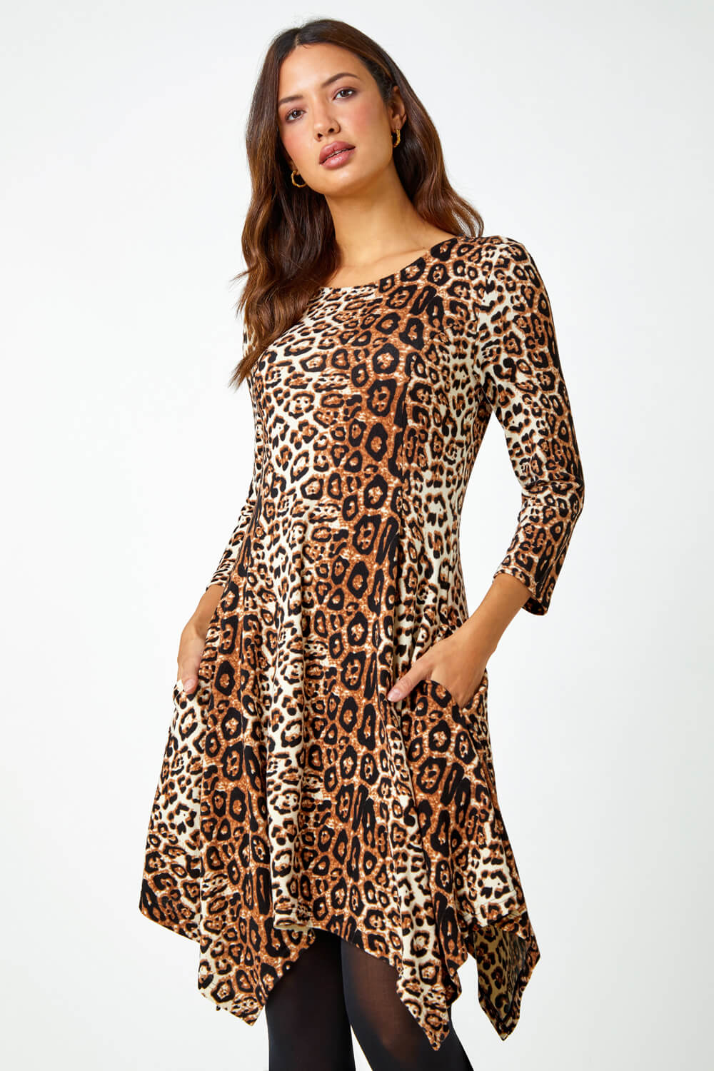 Beige Leopard Print Swing Stretch Dress, Image 2 of 5