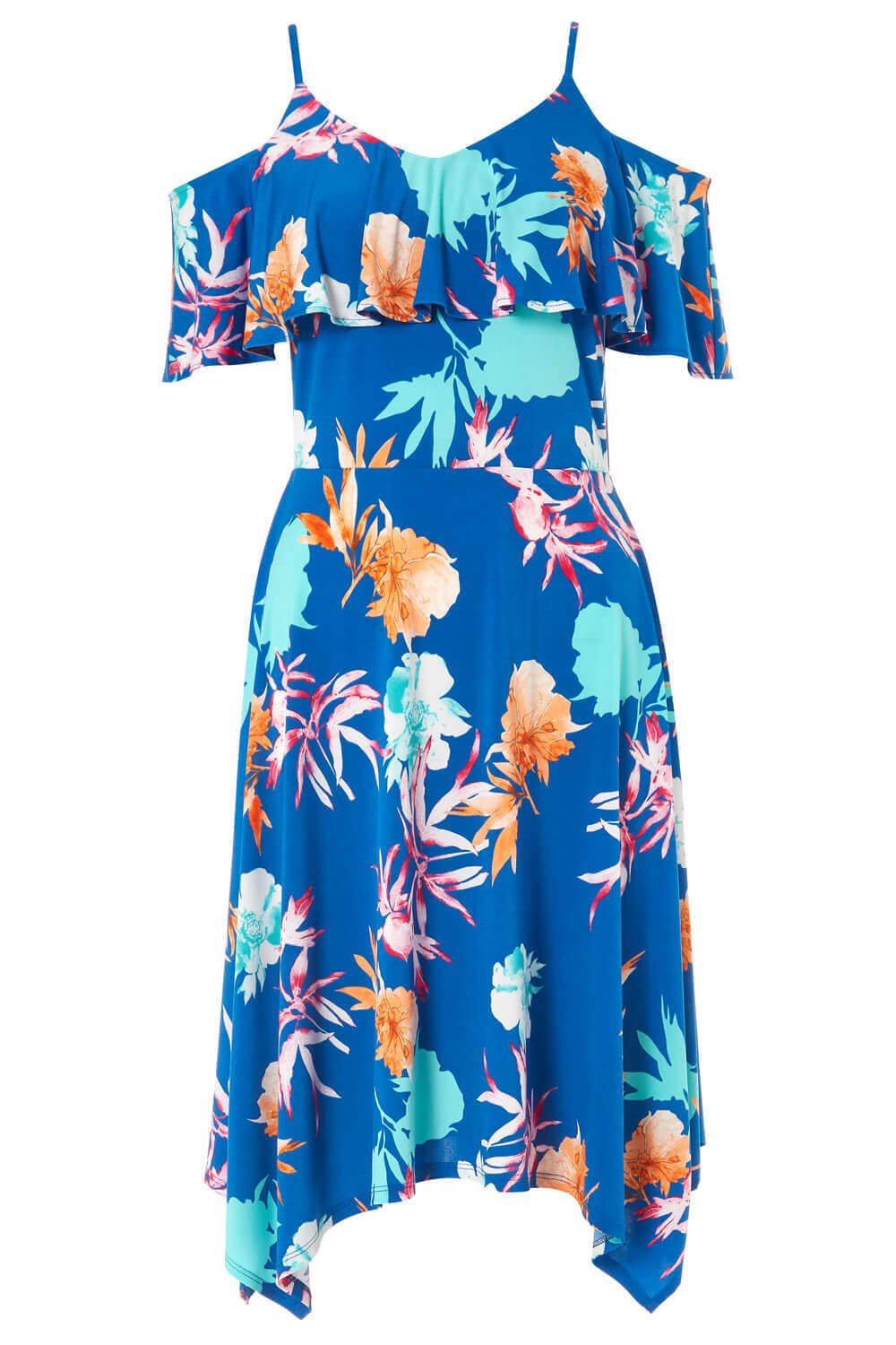 Royal Blue Tropical Floral Hanky Hem Cold Shoulder Dress, Image 5 of 5