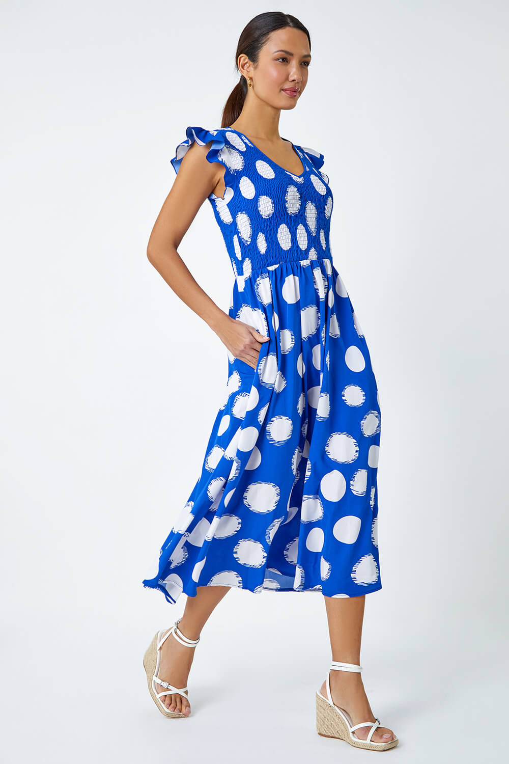 Royal Blue Polka Dot Shirred Stretch Midi Dress, Image 2 of 5