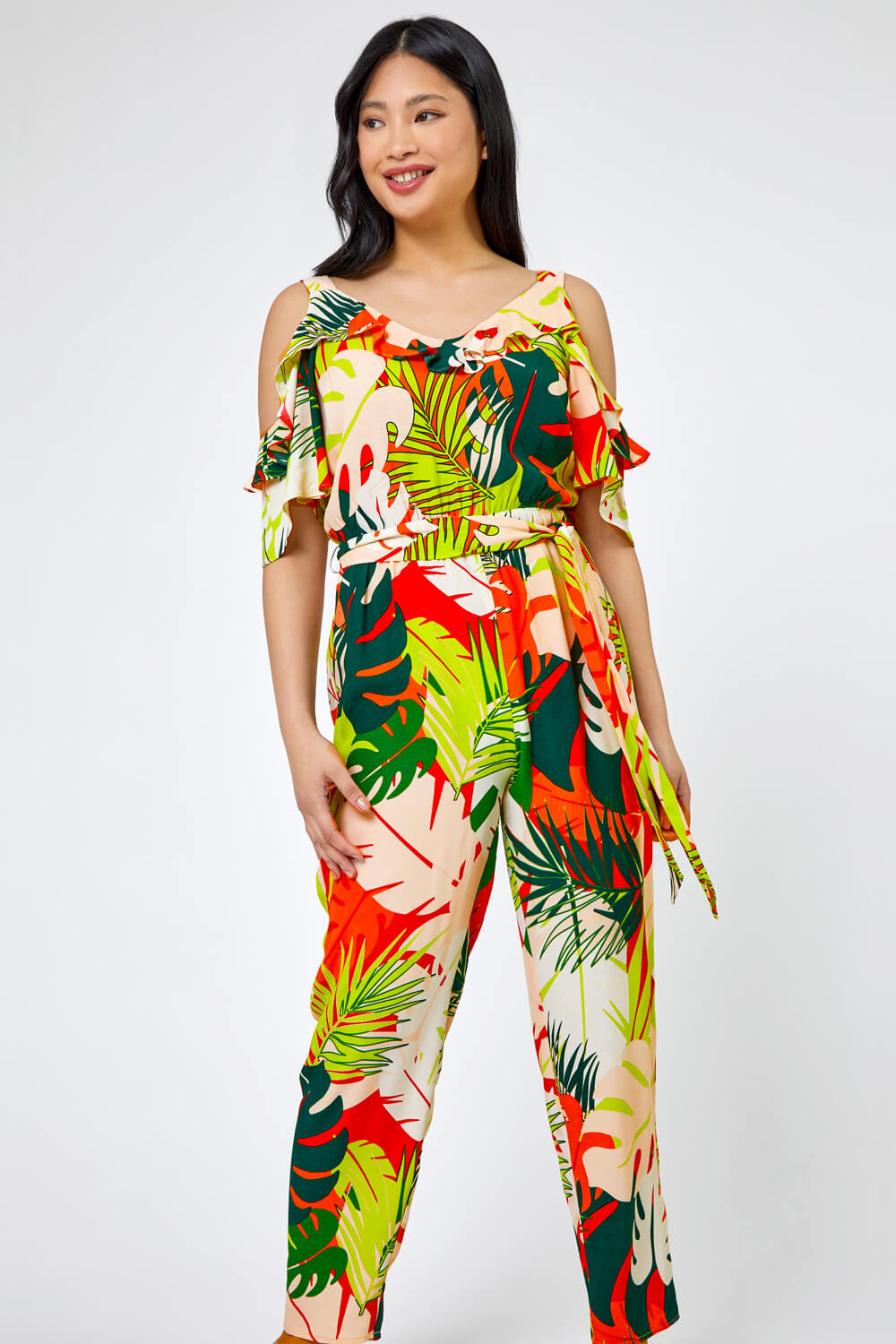 Lime Petite Tropical Print Frill Jumpsuit, Image 2 of 6