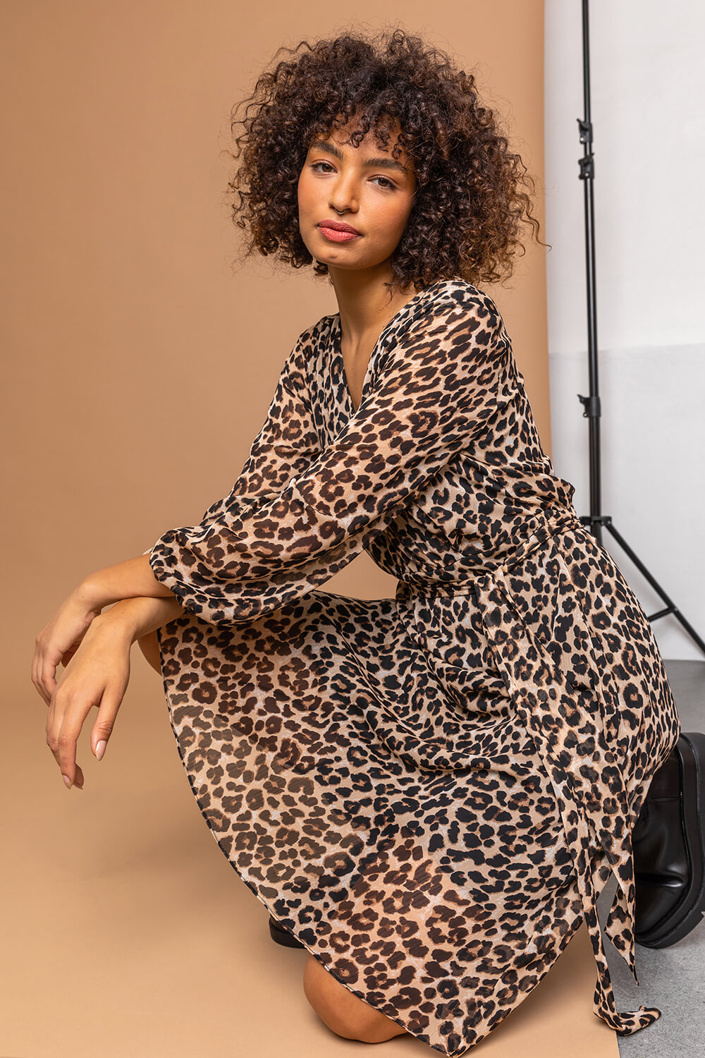 Brown Leopard Print Belted Wrap Dress, Image 5 of 5