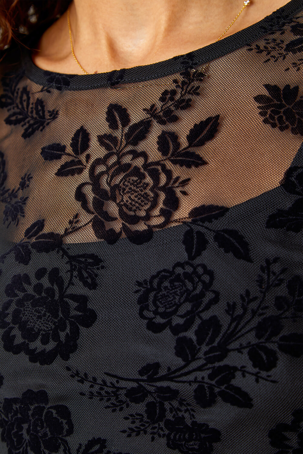 Black Textured Floral Print Mesh Stretch Top, Image 5 of 5