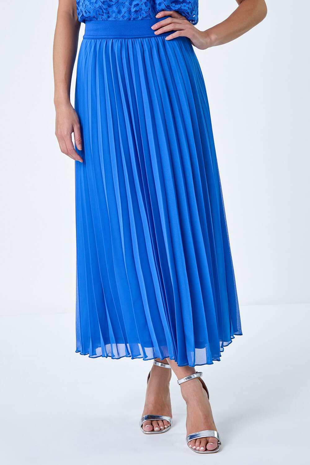 Blue Petite Pleated Premium Maxi Skirt, Image 4 of 5