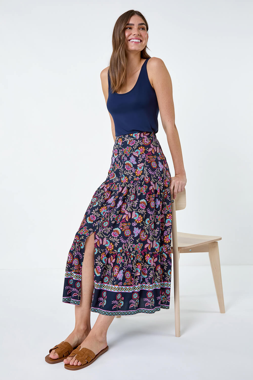 Paisley Floral Button Tiered Midi Skirt