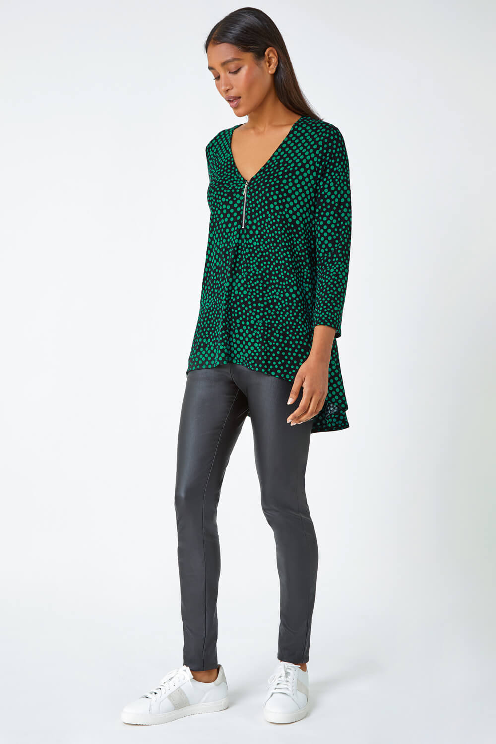 Green Spot Print Zip Front Stretch Top, Image 2 of 5