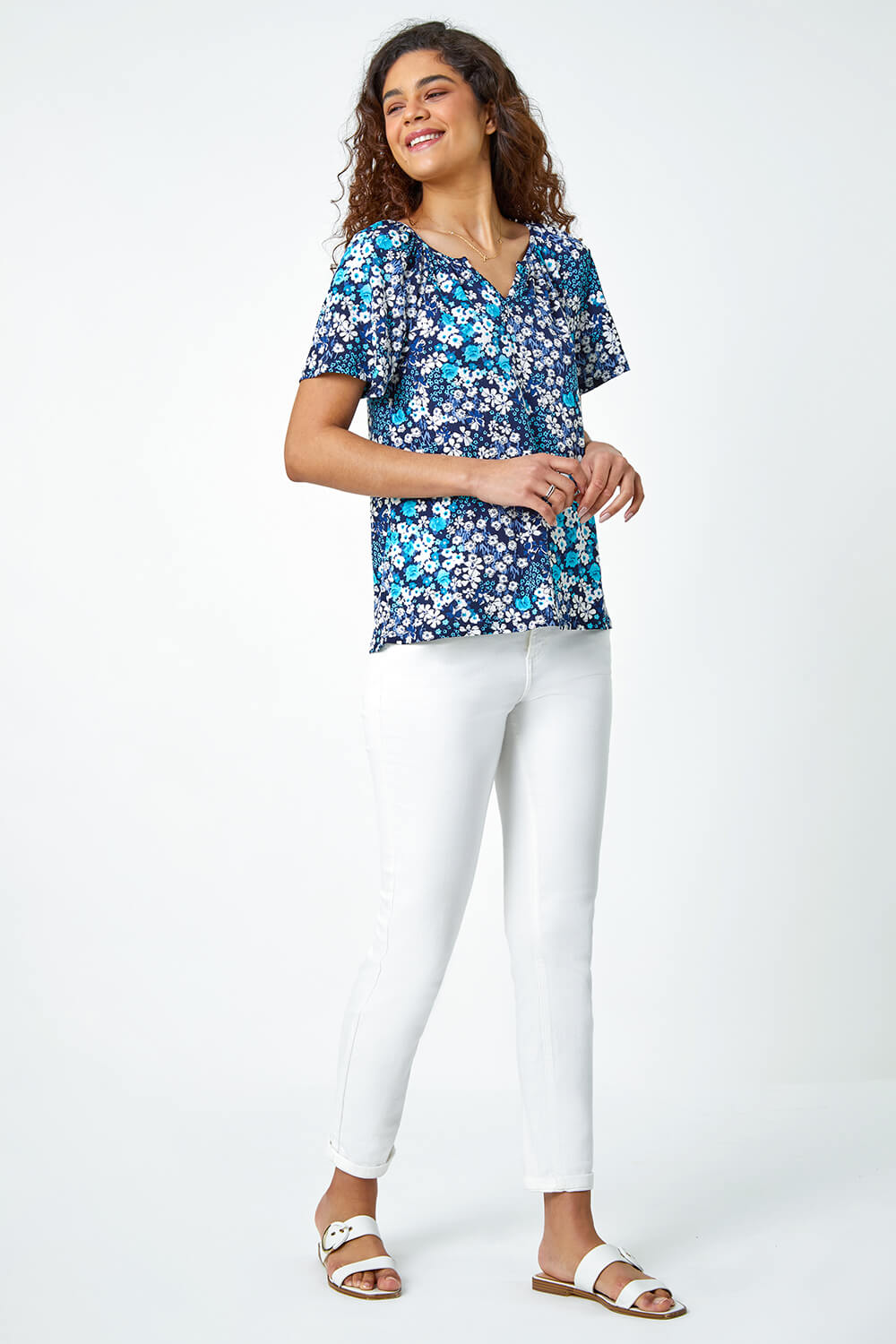 Blue Textured Floral Print Stretch T-Shirt, Image 2 of 5