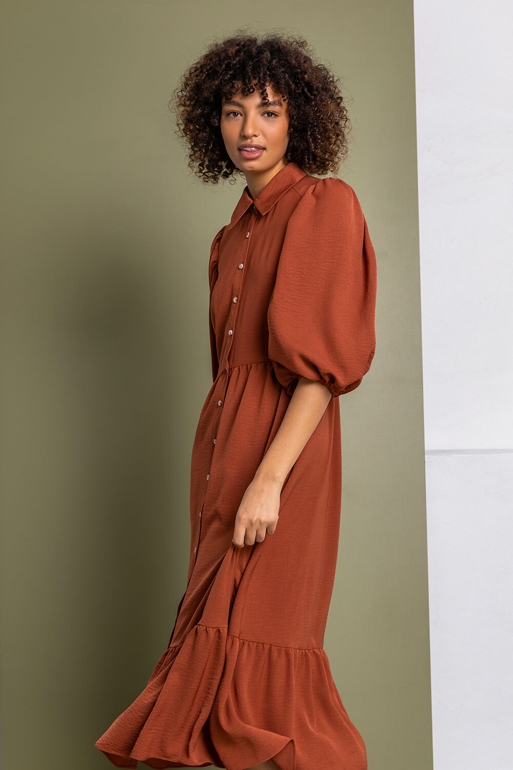 Rust Tiered Midi Length Shirt Dress, Image 3 of 5