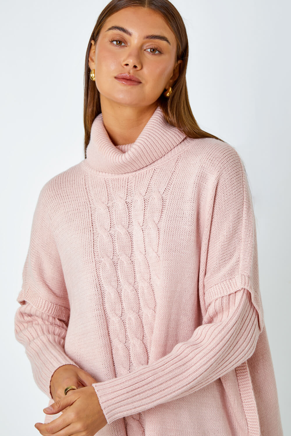 PINK Cable Knit Roll Neck Poncho Jumper, Image 4 of 5
