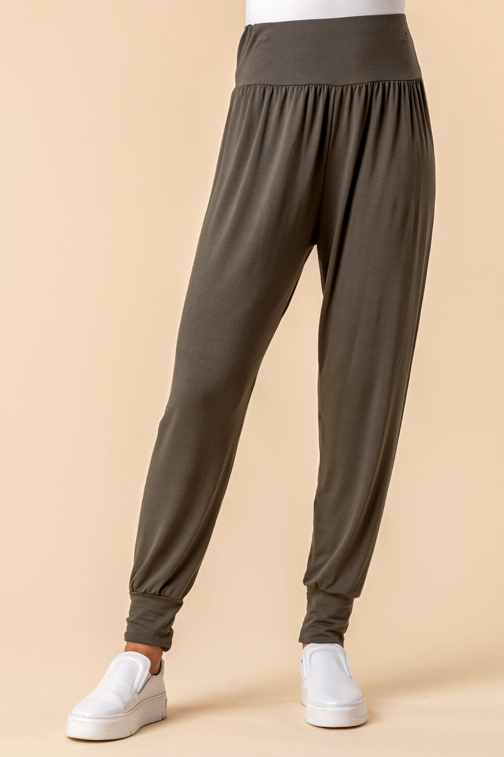 Elastic Waist Oversized Linen Woven Fabric Harem Pants  Khaki Size 2XL