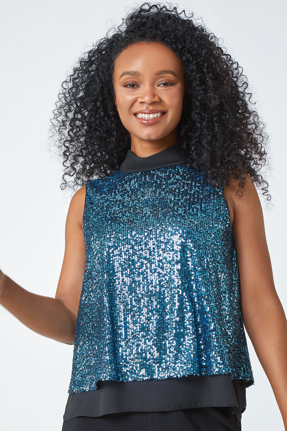 Blue Petite Sequin Roll Neck Top, Image 2 of 5