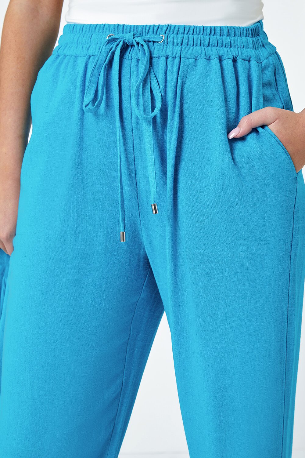 Turquoise Petite Wide Leg Linen Blend Trouser, Image 5 of 7