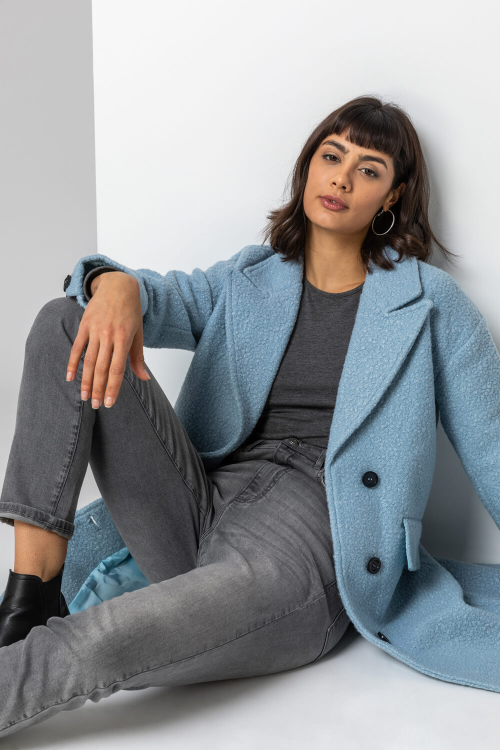 Light Blue  Single Breasted Longline Textured Coat, Image 5 of 5